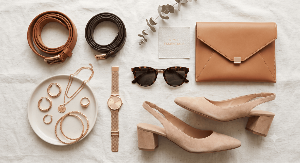 belts, gold jewelry, a watch, sunglasses, a clutch, and heels arranged neatly